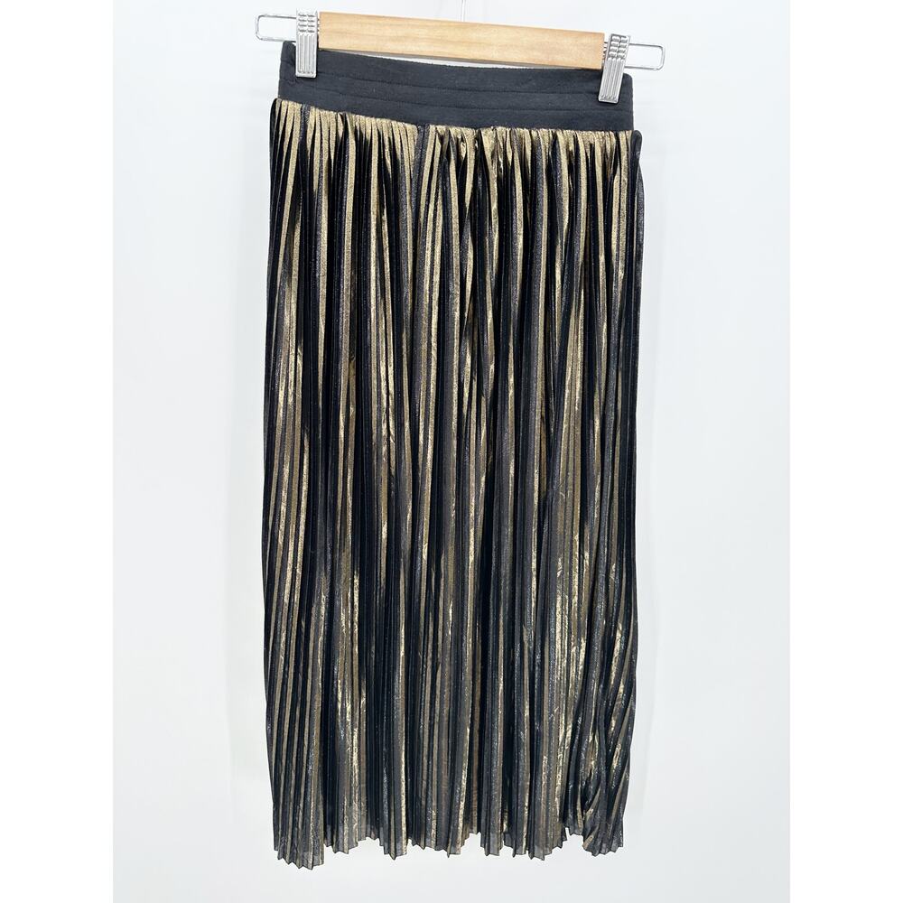 Trouve Metallic Black Gold Shimmer Pleated Midi Skirt Womens XS Elastic Waist